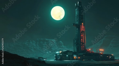 Fototapeta Naklejka Na Ścianę i Meble -  Futuristic Lunar Base Underneath a Bright Moon