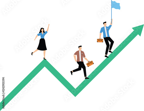 Sustainable growth, long term success or growing business with winning strategy, improvement or steps to team success, productivity concept, business people employee step up sustained growth arrow