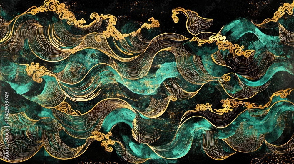 Obraz premium Abstract Gold and Teal Ocean Wave Art