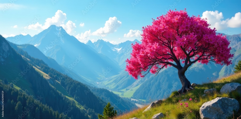Rhododendron tree against blue sky and mountains, Chamonix Valley, Nature Rhododendron tree against blue sky and mountains, Chamonix Valley, Nature