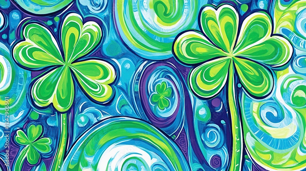 Fototapeta premium Swirling shamrocks, vibrant design, digital art, festive background, Irish holiday