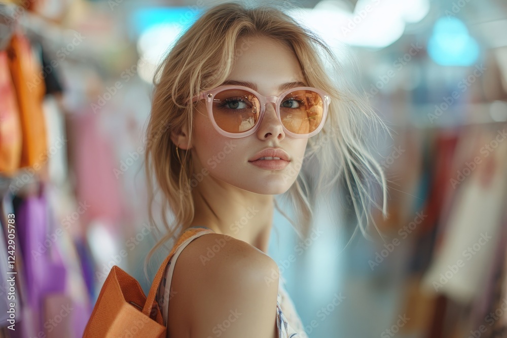 Stylish young woman wearing sunglasses explores a vibrant shopping area on a sunny day Stylish young woman wearing sunglasses explores a vibrant shopping area on a sunny day