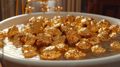 Luxury Bath: Golden Rocks in a White Tub. Experience opulence and relaxation in this lavish setting. Pure indulgence! photo