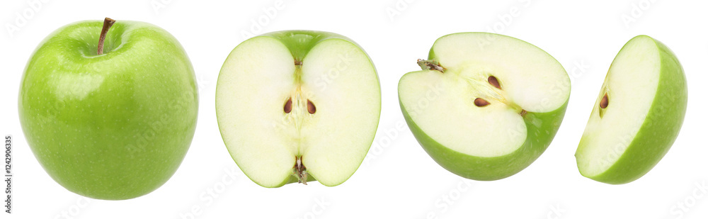 green apple (granny smith apple), half and slice isolated, transparent PNG, collection, PNG format, cut out green apple (granny smith apple), half and slice isolated, transparent PNG, collection, PNG format, cut out
