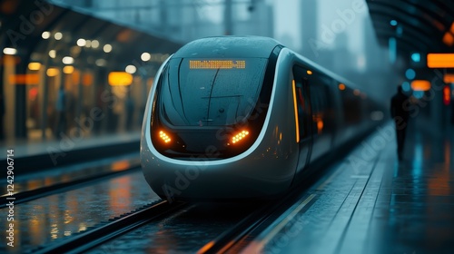 Modern train arriving at a dimly lit urban station during a rainy day with reflections on wet pavement