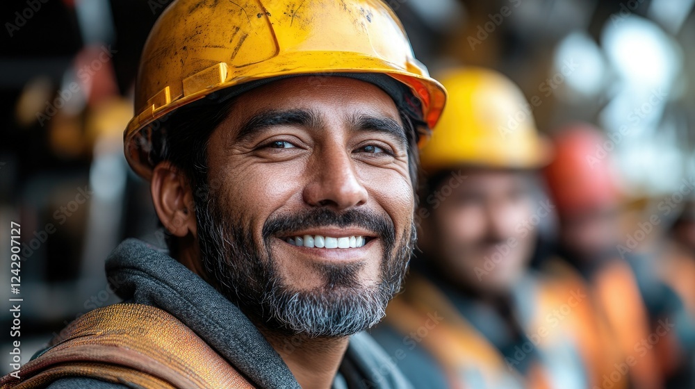 A group of construction workers taking a break from their work, smiling and celebrating May Day with their colleagues. A group of construction workers taking a break from their work, smiling and celebrating May Day with their colleagues.