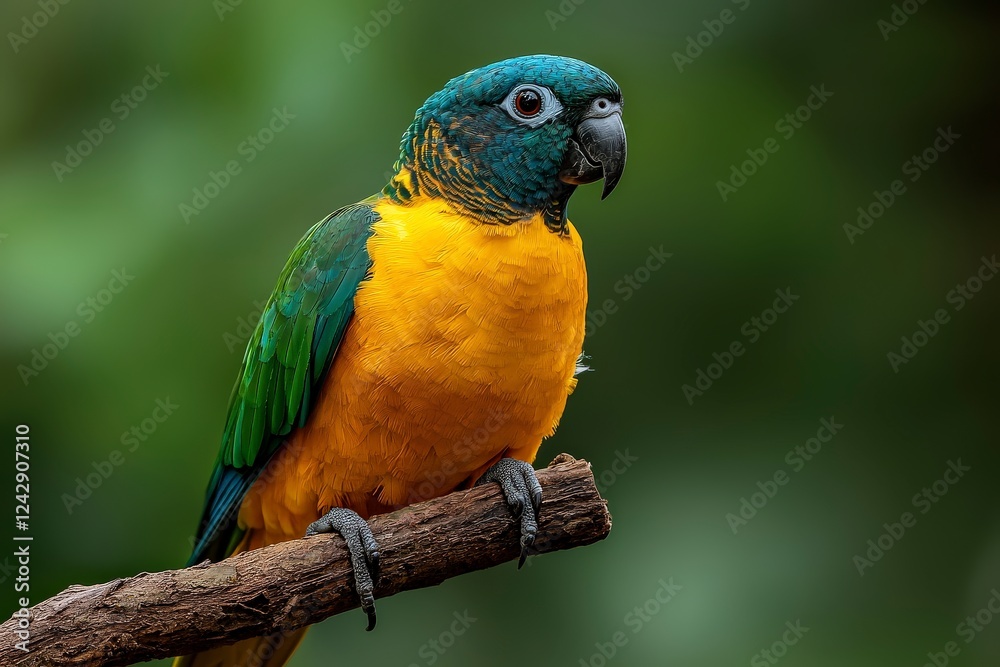 Obraz premium Vibrant Tropical Parrot with Blue and Green Feathers Perched on a Branch in a Lush Green Environment