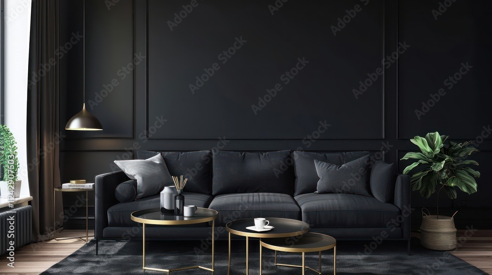 Fototapeta premium Stylish Black Living Room with Dark Grey Sofa and Brass Table Lamp
