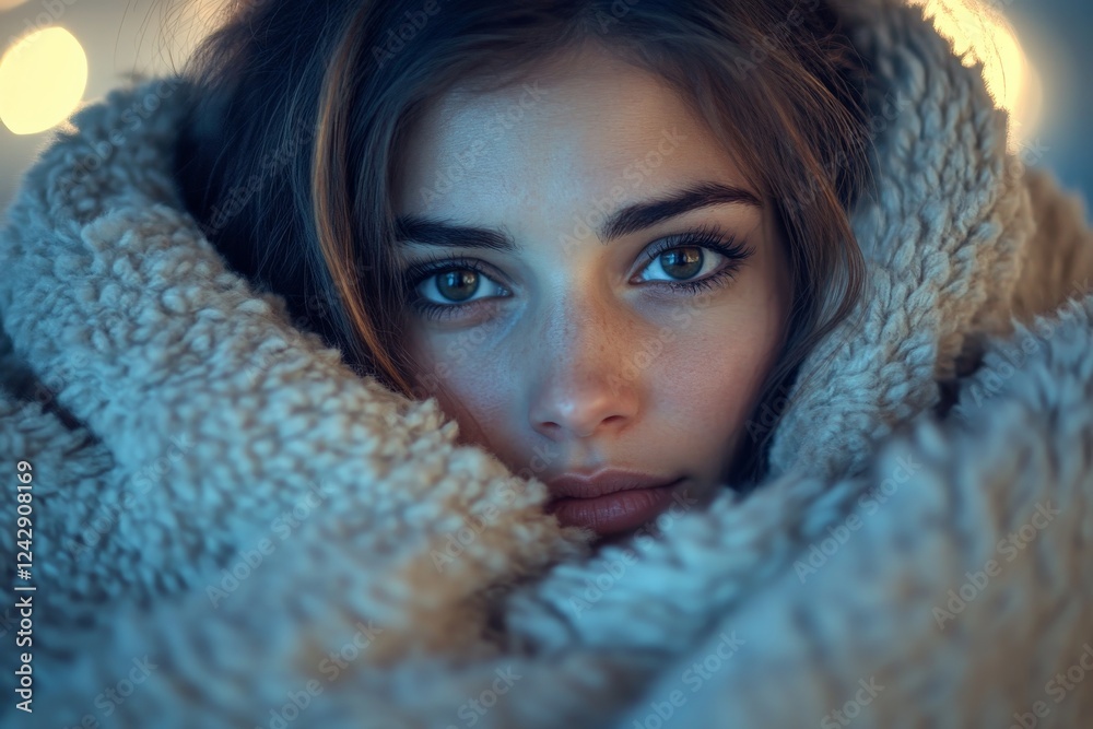 Cozy indoor moment captured during evening with soft blanket and warm lights providing comfort and tranquility to the subject Cozy indoor moment captured during evening with soft blanket and warm lights providing comfort and tranquility to the subject