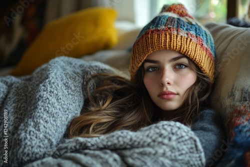 Cozy retreat featuring a young woman relaxing indoors while wrapped in warm blankets near a window photo