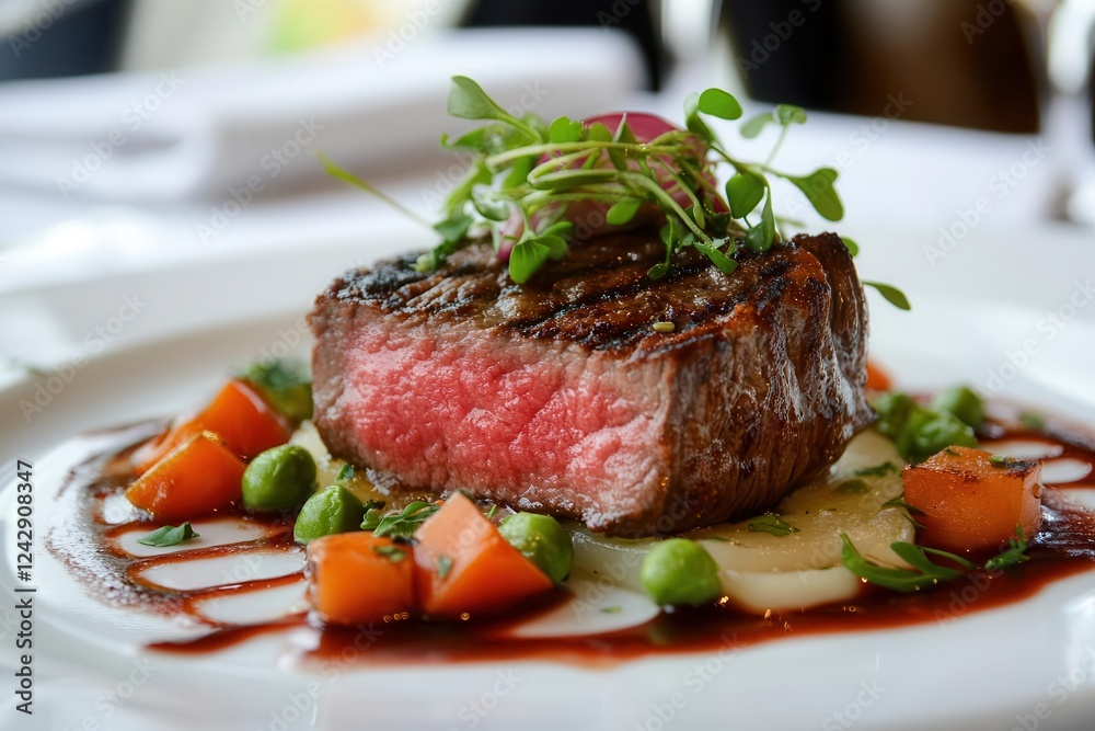 artfully plated haute cuisine dish with perfectly seared beef, micro herbs, and geometric sauce designs on minimalist ceramic plate artfully plated haute cuisine dish with perfectly seared beef, micro herbs, and geometric sauce designs on minimalist ceramic plate
