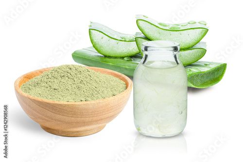 Aloe vera herbal powder with aloe vera plant and aloe gel in bottle isolated