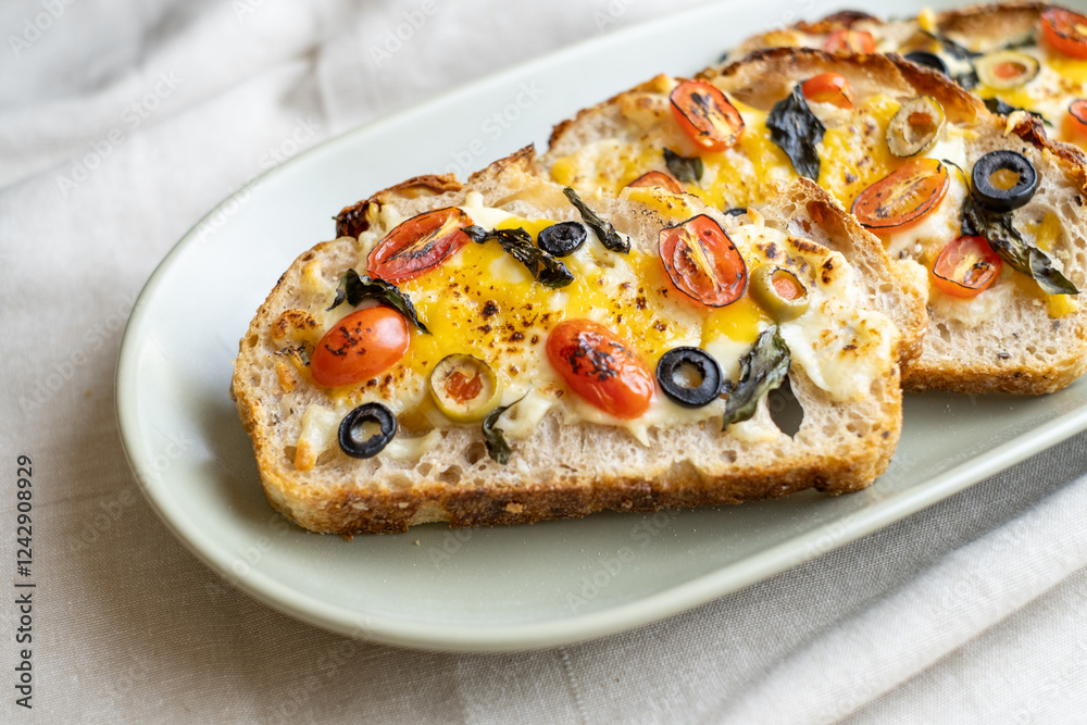 open sandwiches sourdough bread toast for breakfast or brunch with cheese tomato olives. open sandwiches sourdough bread toast for breakfast or brunch with cheese tomato olives.