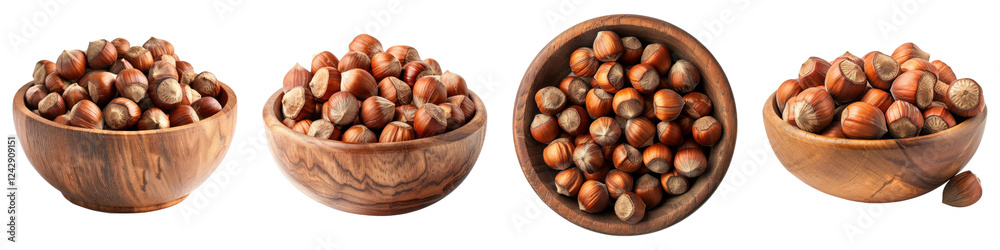 Hazelnut in a wooden bowl isolated on transparent background, PNG, Set of Hazelnut in a wooden bowl isolated on transparent background, PNG, Set of