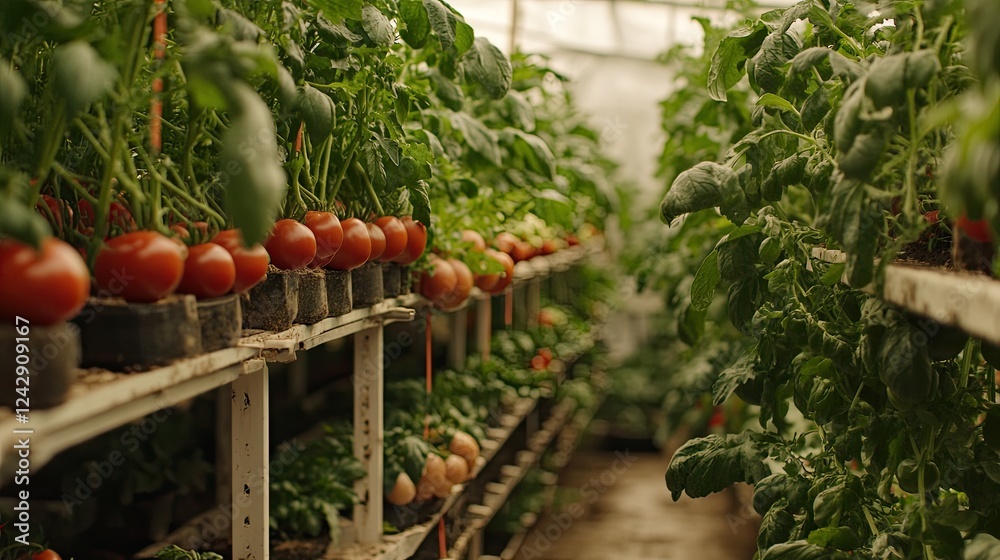 Greenhouse Rows Of Ripe Tomatoes Growing On Shelves