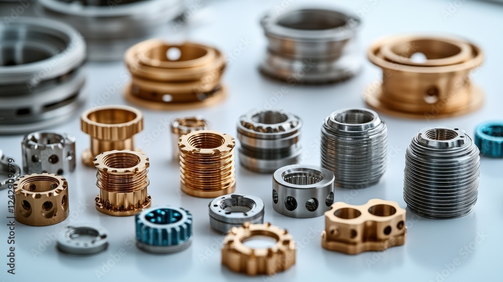 Collection of precision-engineered metal components arranged artistically on a clean surface Collection of precision-engineered metal components arranged artistically on a clean surface