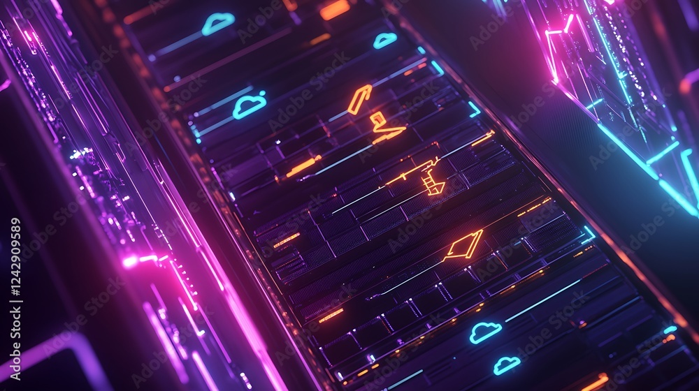 Fototapeta premium A high-tech server room with intricate glowing connections symbolizing global cloud data storage and exchange.