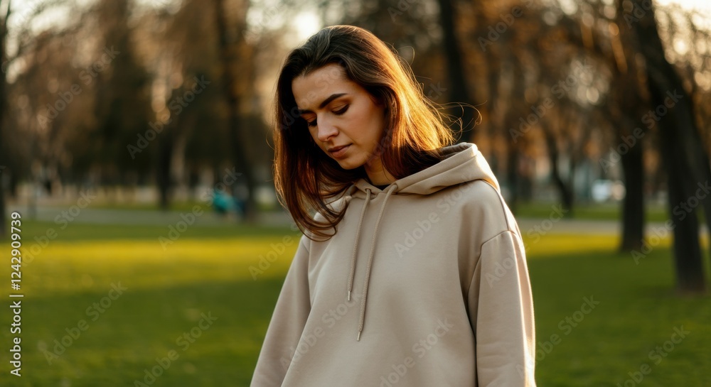 Young caucasian female in hoodie walking through sunlit park at sunset Young caucasian female in hoodie walking through sunlit park at sunset
