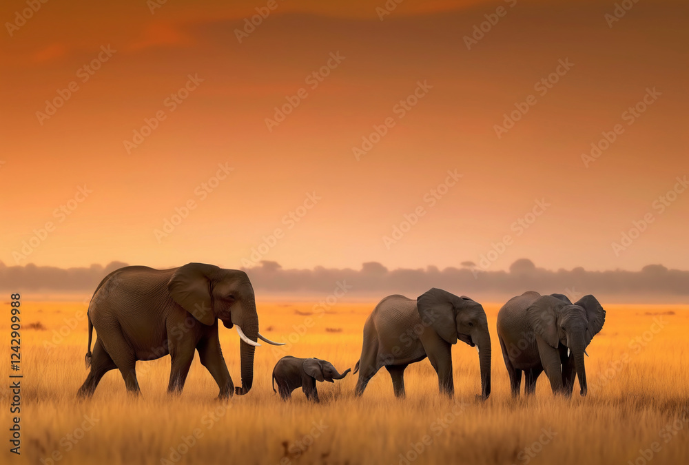 Fototapeta premium Elephant Family Walking Across Golden African Savanna at Sunset Capturing the Beauty of Wildlife Herd Unity and Parental Bond in Stunning Nature Photography That Evokes Strength Protection and Freedom