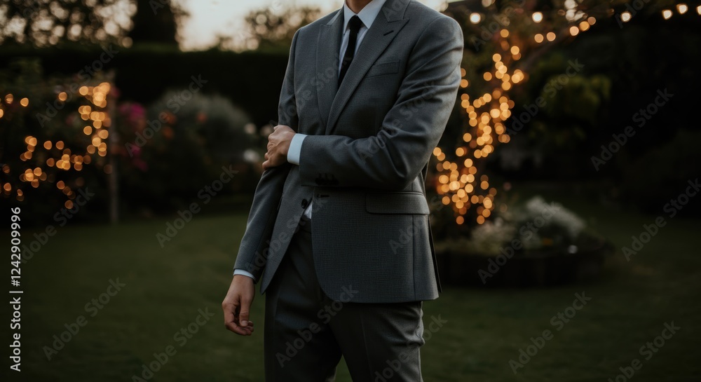 Young caucasian male in formal suit outdoors with twinkling garden lights Young caucasian male in formal suit outdoors with twinkling garden lights