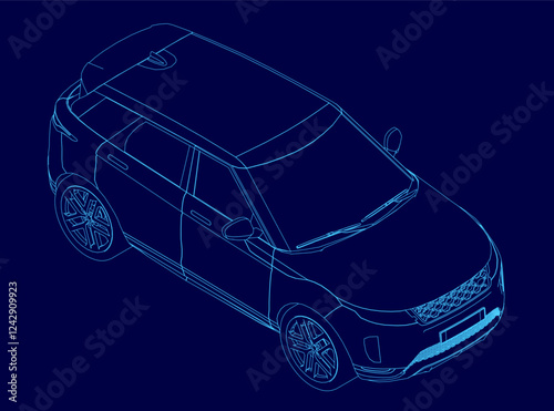 A blue car outline. The car is shown in a blue color. Isometric view