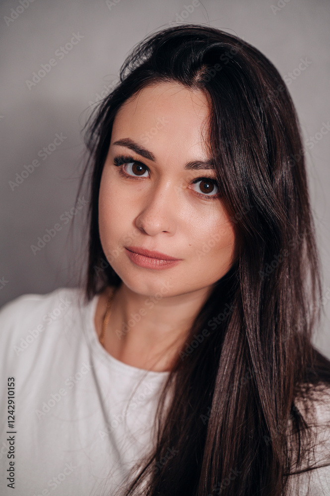 Beautiful close-up portrait of a girl with dark hair and brown eyes. Perfect for beauty, fashion, and emotional storytelling Beautiful close-up portrait of a girl with dark hair and brown eyes. Perfect for beauty, fashion, and emotional storytelling