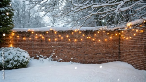 Winter Wonderland Brick Wall Background with Twinkling Lights, fairy lights, holly, decoration, evergreen, decoration