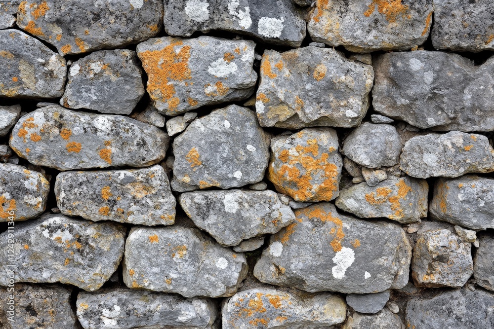 Textured stone wall displaying natural lichen growth in a rustic setting Textured stone wall displaying natural lichen growth in a rustic setting