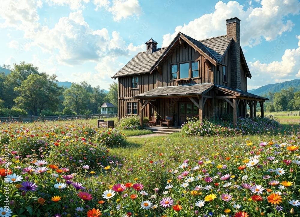 Wooden barn house with a garden full of wildflowers, carpathians, nature Wooden barn house with a garden full of wildflowers, carpathians, nature