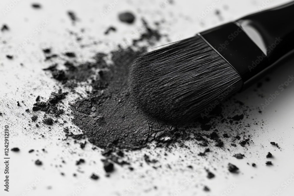 Makeup brush resting on a pile of loose black powder in a beauty workspace Makeup brush resting on a pile of loose black powder in a beauty workspace