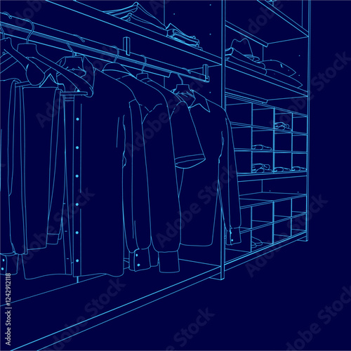 A blue drawing of a closet with clothes hanging on the racks. The clothes are neatly arranged and the closet is organized