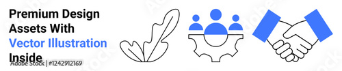 Feather symbolizing creativity, gear with people representing teamwork, handshake expressing partnership. Ideal for teamwork, business, partnership, collaboration, creativity, negotiation