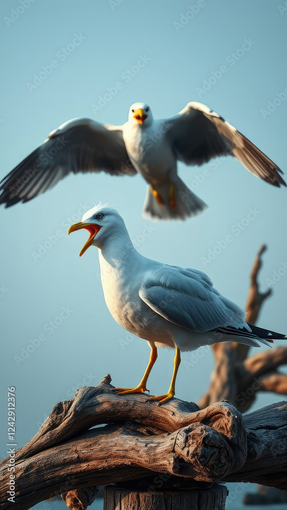 Obraz premium White seagull under attack from yellow billed aggressor on wooden platform, defense, pier