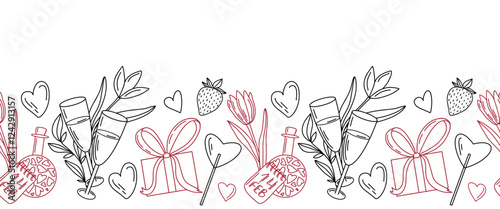 Hand drawn seamless banner with champagne glasses, gift box, hearts, strawberry, love potion, and calendar with date 14 February. outline style for Valentines design, cards, wallpaper, textile