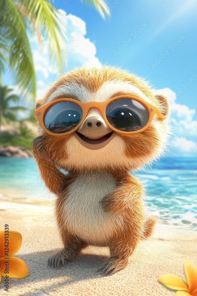 Fototapeta premium Little cartoon sloth on the beach. Selective focus