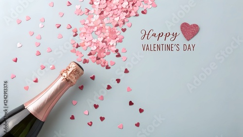A trendy flat lay featuring a champagne bottle with pink heart-shaped confetti scattered across a pastel blue background, perfect for romantic celebrations and Valentine's Day.