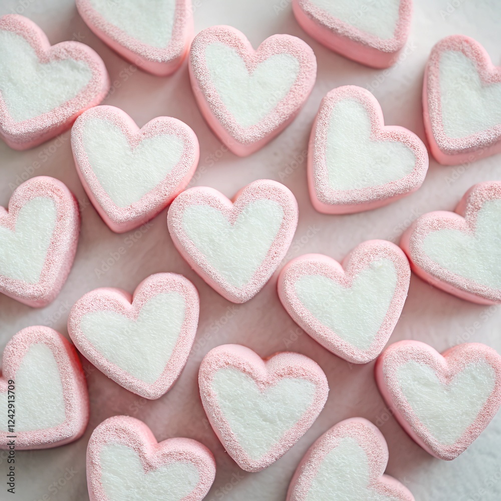 A close-up of fluffy heart-shaped marshmallows in pink and white, creating a soft and sweet atmosphere. Perfect for cozy, romantic, and dessert-themed designs. A close-up of fluffy heart-shaped marshmallows in pink and white, creating a soft and sweet atmosphere. Perfect for cozy, romantic, and dessert-themed designs.
