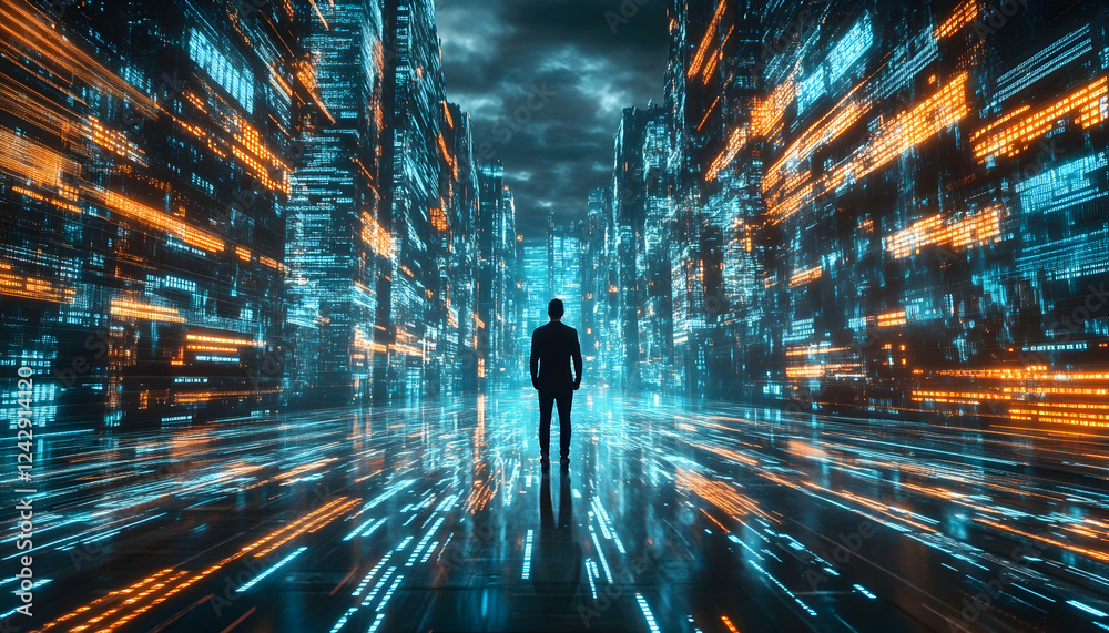 custom made wallpaper toronto digitalFuturistic Cityscape with Silhouette of Person in Neon Lights