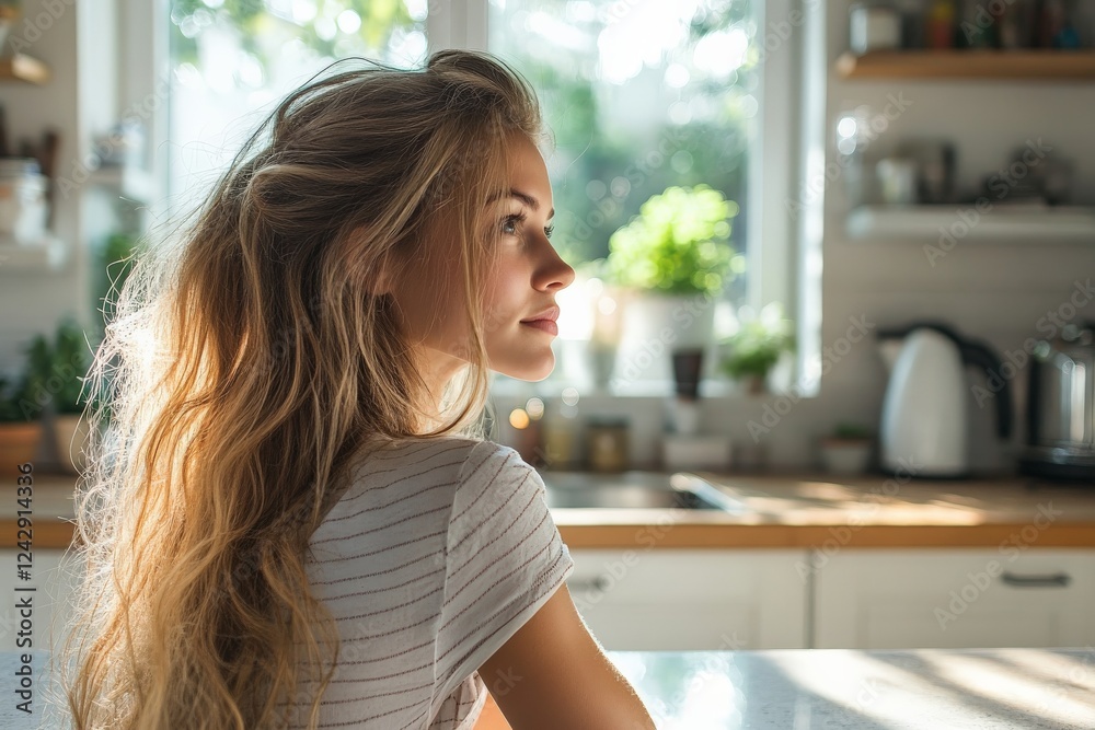 Thoughtful young woman gazes out a sunlit kitchen window in a cozy setting Thoughtful young woman gazes out a sunlit kitchen window in a cozy setting