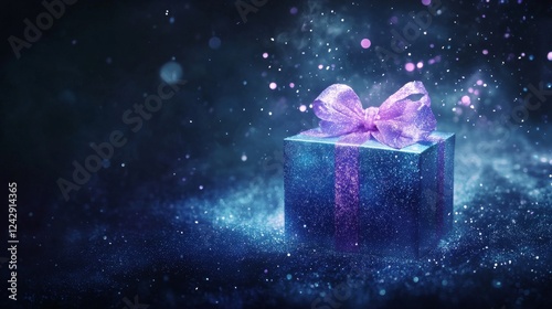 Enchanted present box emanating light, royal blue surface, soft purple bow, floating luminous particles, cosmic dark background, dreamy magical effects, dramatic studio lighting