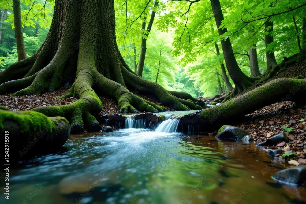 Fototapeta premium Water flowing around the roots of an ancient tree, forest roots, serene environment, forest tree water