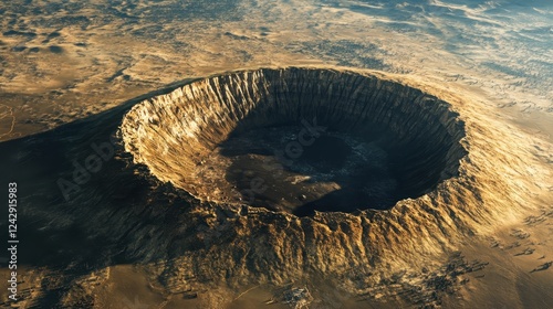 A large meteorite impact crater captured in an aerial view, surrounded by geologists studying its formation. photo