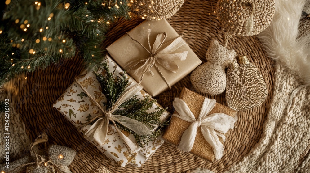 Fototapeta premium Holiday present preparation, neutral wrapping paper, seasonal ribbon detail, evergreen foliage decorations, ambient fairy lights, natural wicker surface, intimate indoor photography