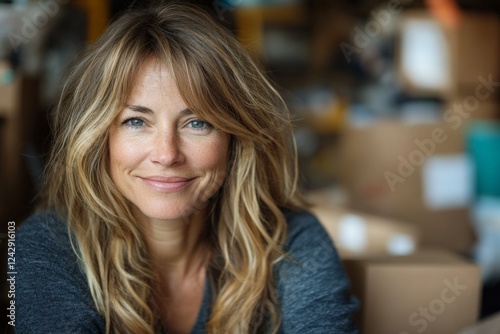 Smiling woman with long hair in a cozy indoor setting surrounded by boxes