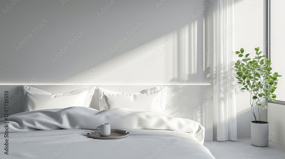 Elegant Bedroom , a white bed with a plant in a grey pot near a sheer window curtain. A mug sits on a tray on the bed.