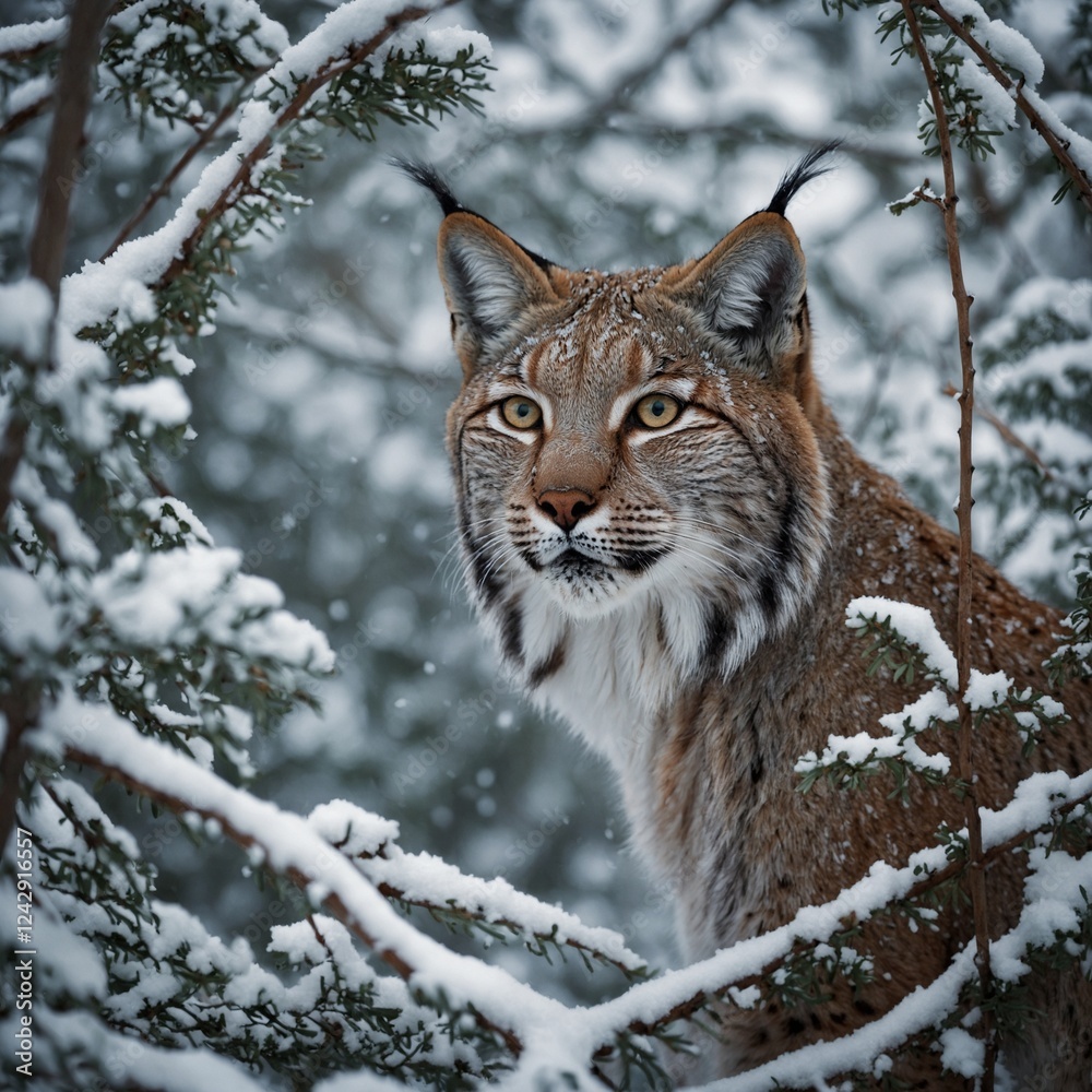 Obraz premium A lynx staring through snow-covered branches with piercing eyes.