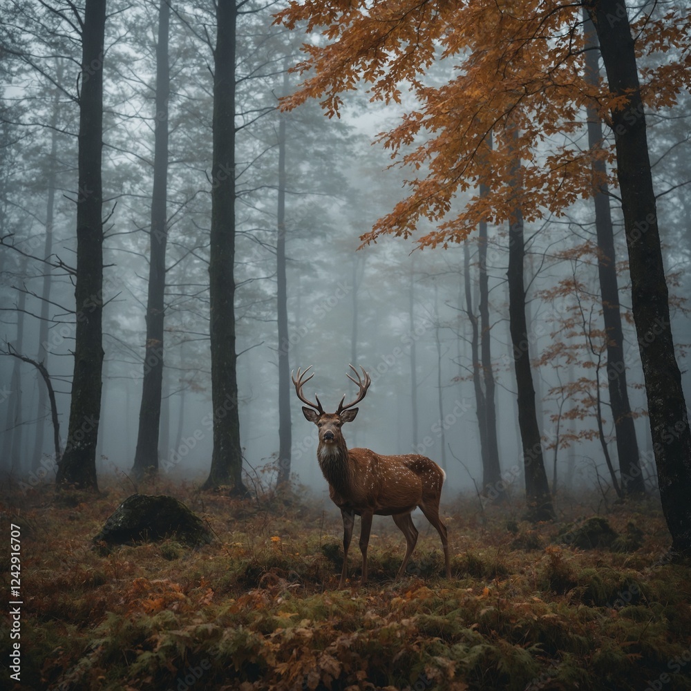 A deer standing in a foggy forest during autumn. A deer standing in a foggy forest during autumn.