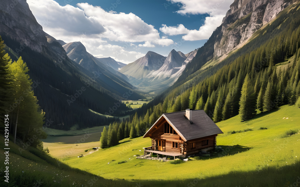 Mountain valley with a hidden cabin Mountain valley with a hidden cabin
