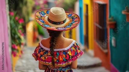 Woman in Colorful Mexican Dress and Sombrero Walking Through Street