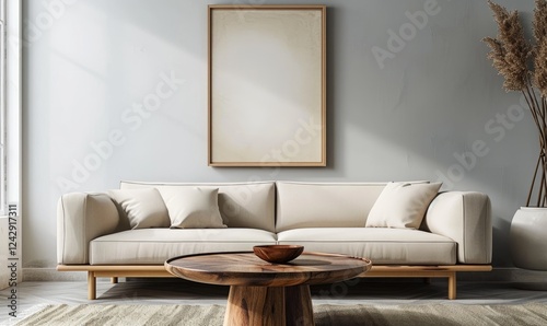 Modern Living Room Interior with Beige Sofa and wooden table , Abstract Artwork Frame on Beige Wall